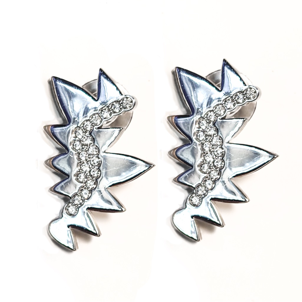 New - Modern Zig-Zag Silver & Rhinestone Edgy Spike Statement Earrings